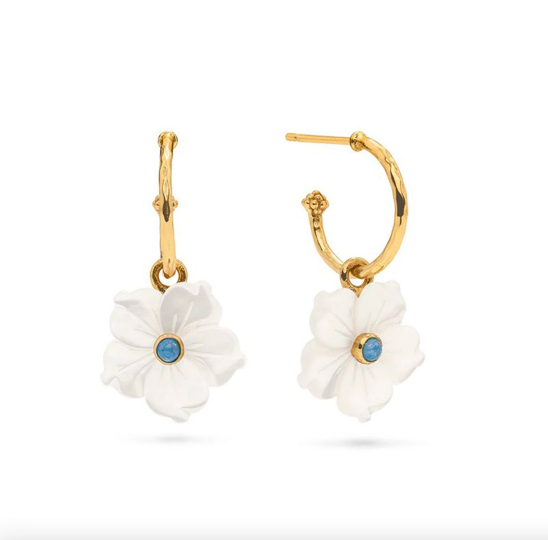 Mermaid Garden Hoop Earrings With Flower Charm - MOP