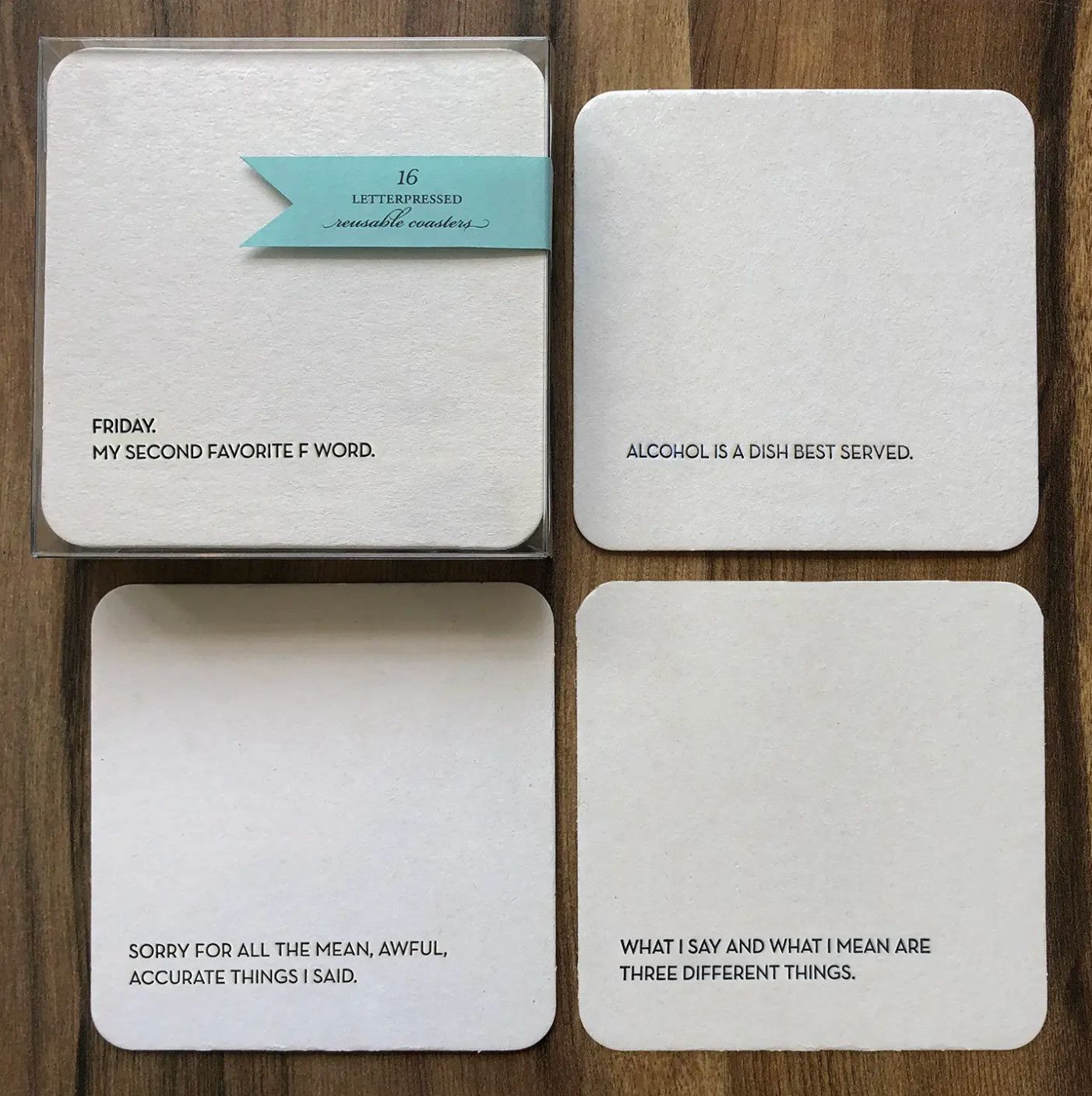 Letterpressed Reusable Coasters 16 Count