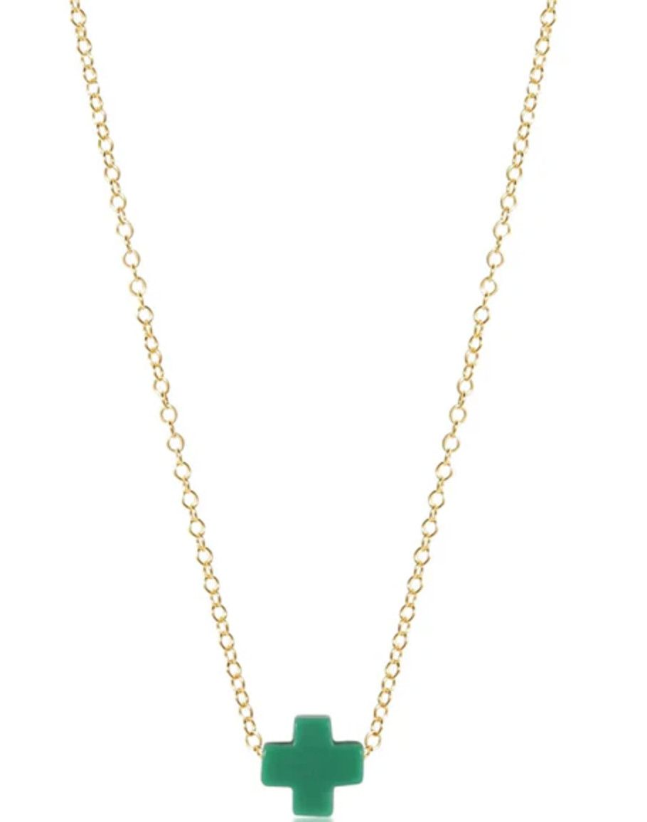 E Girl 14&quot; Necklace Gold Signature Cross- Emerald