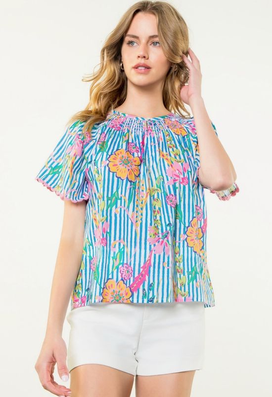 Short Sleeve Floral Striped Top