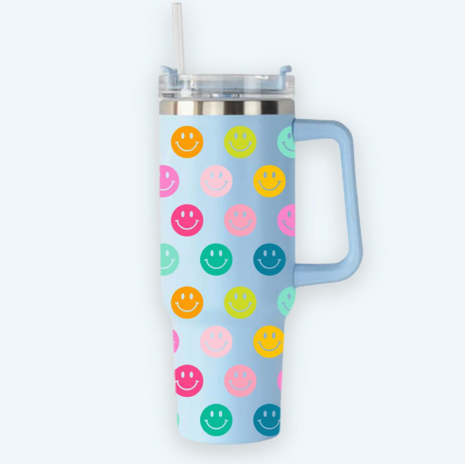 40oz Tumbler with Handle- Sky Blue Rainbow Smiley Face