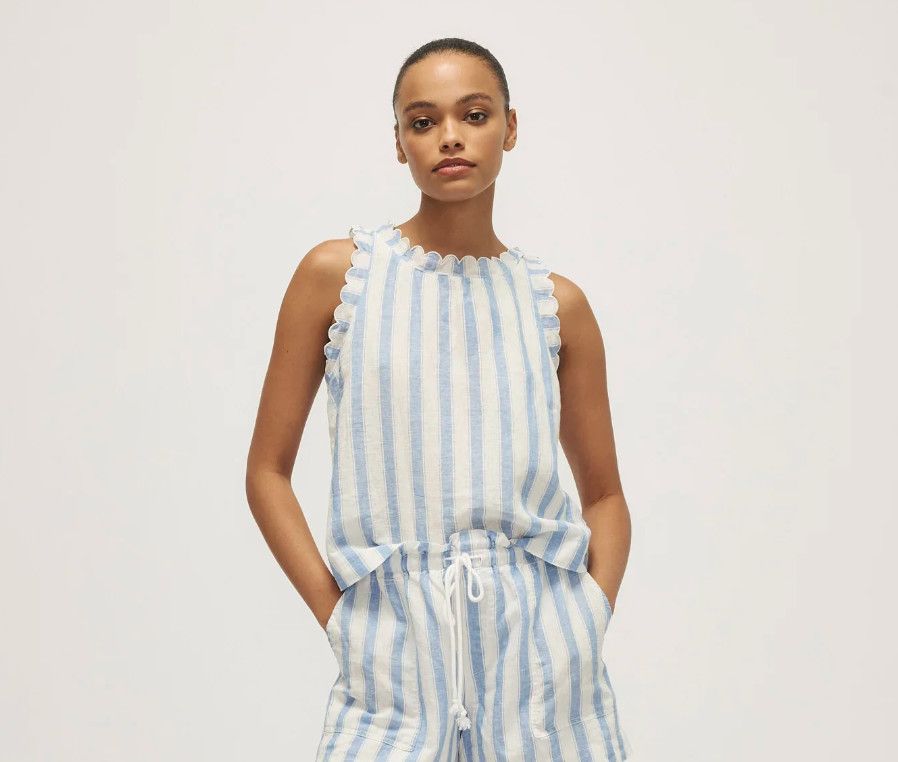 Kimy Scallop Edge Linen Tank- Light Blue Stripe