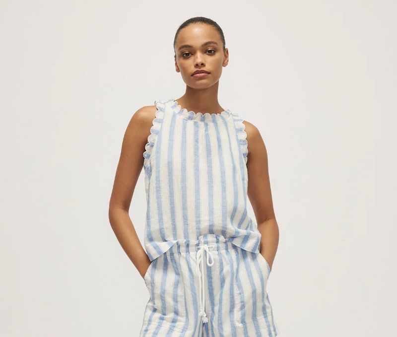 Kimy Scallop Edge Linen Tank- Light Blue Stripe