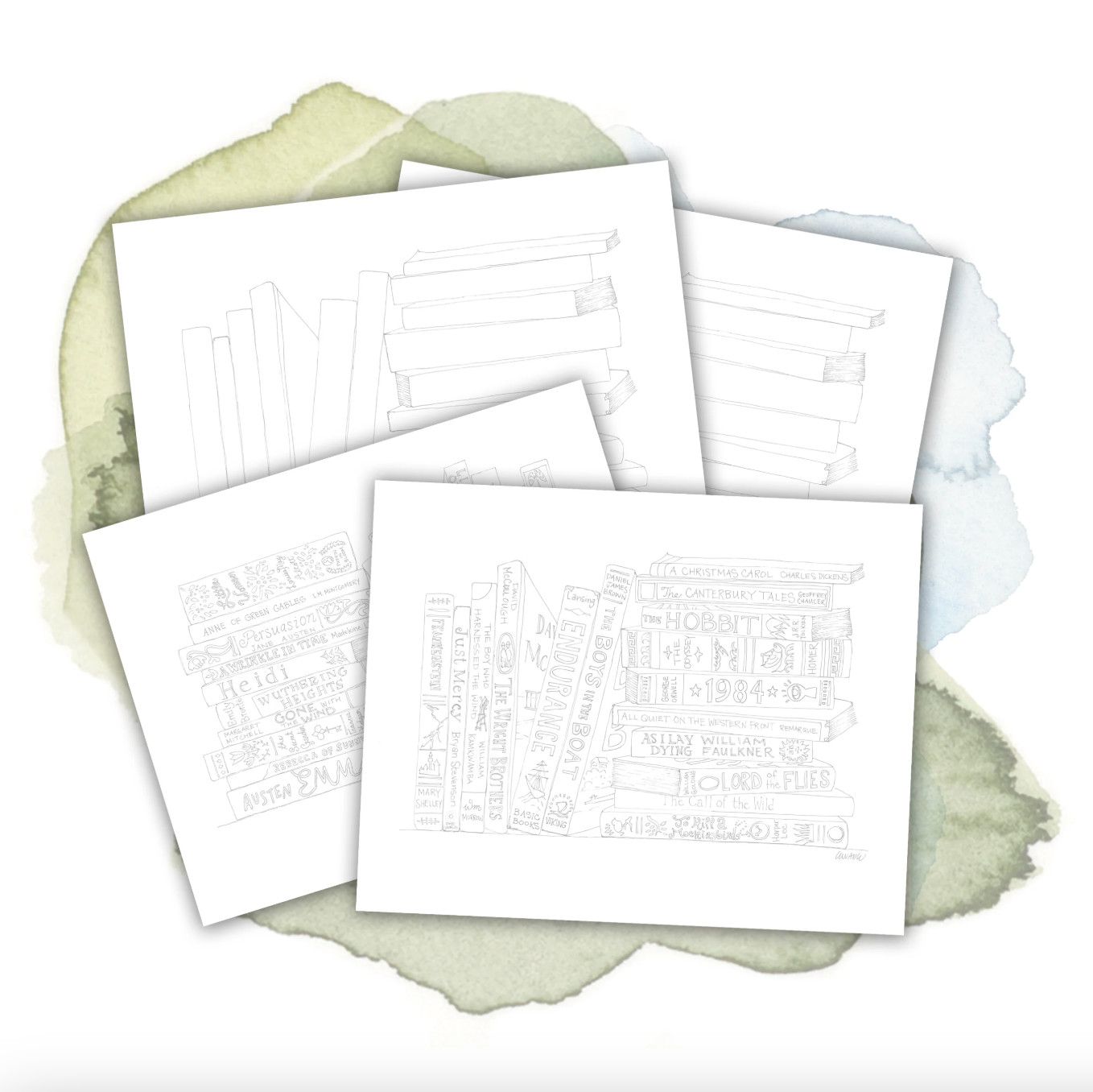 Coloring Pages Set: Book Stacks