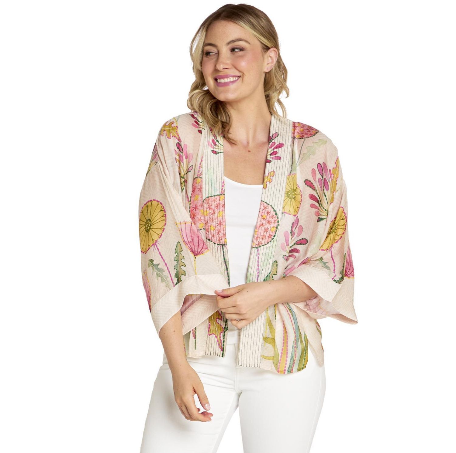 Pop Flowers Pink Short Kimono