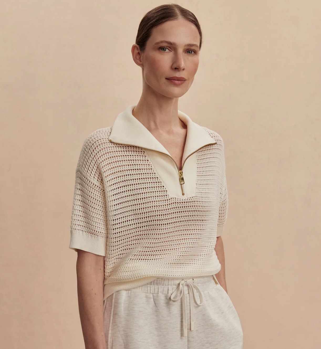 Nali Half Zip Knit Top- Egret