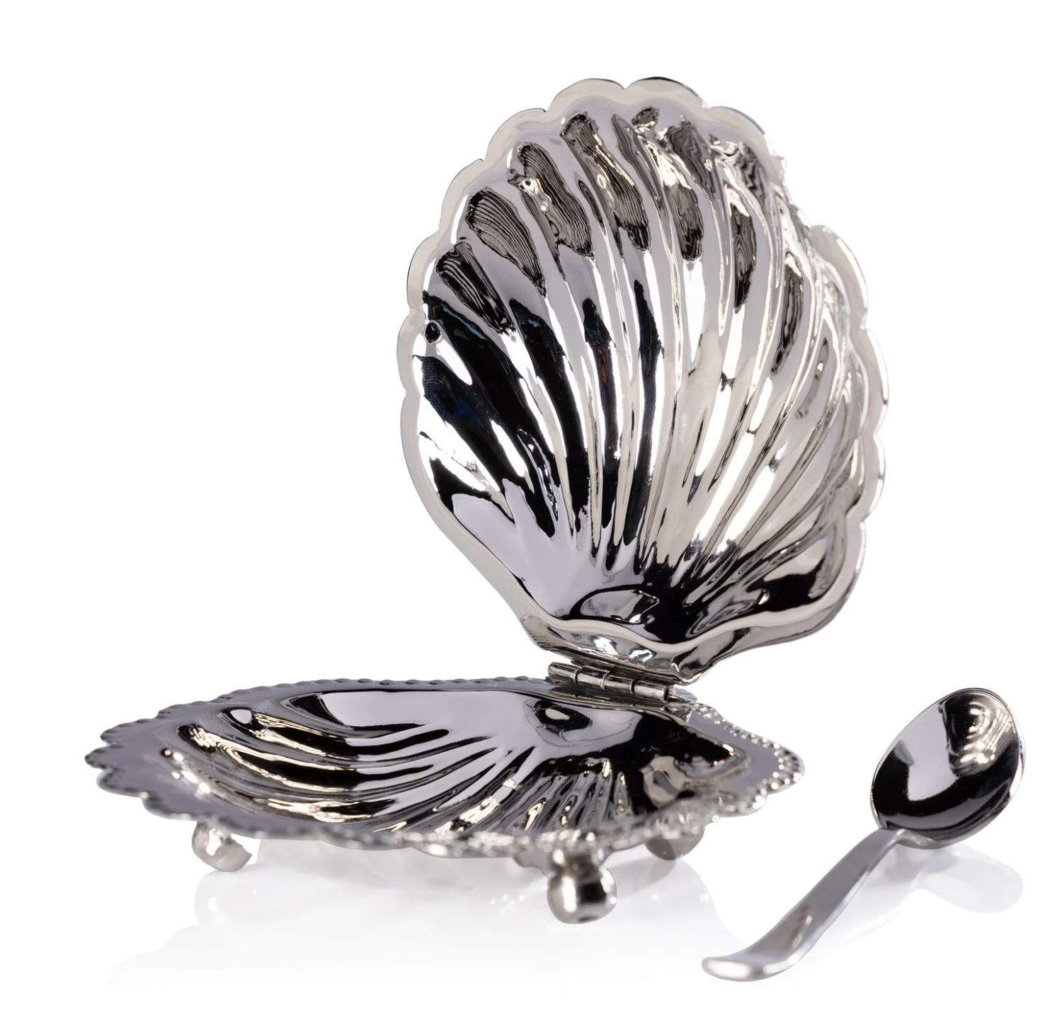 Polished Nickle Shell Lidded Bowl w/ Spoon