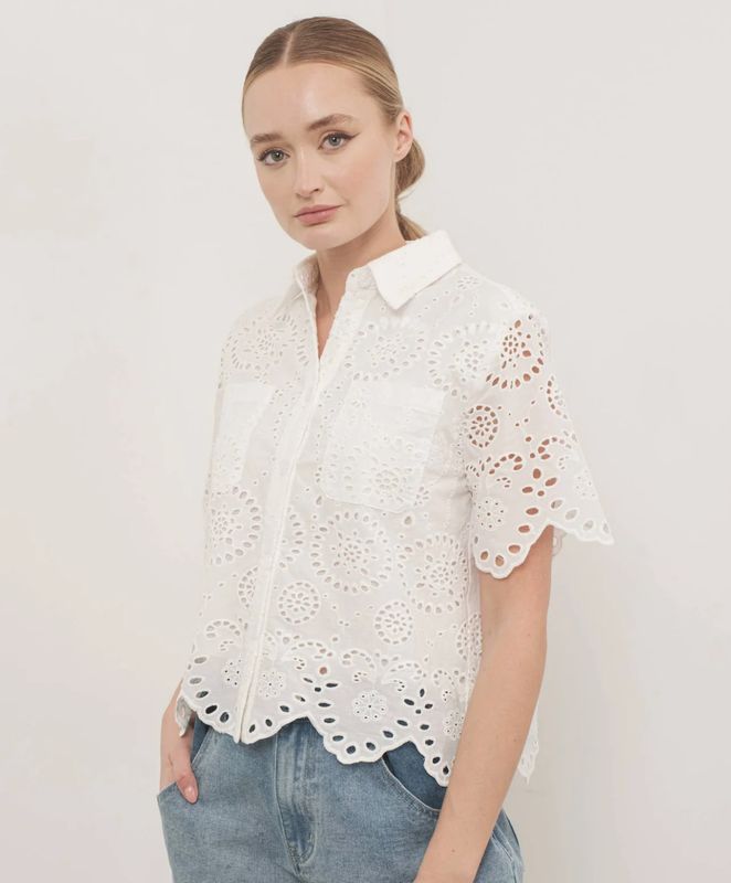 White Scallop Edge Eyelet Button Down