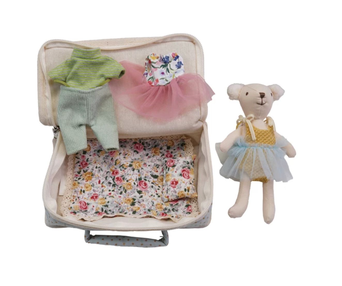 Fabric Suitcase Bed w Doll &amp; Outfits