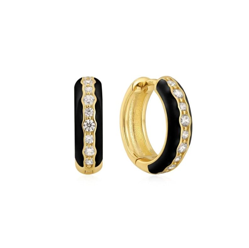 Black Enamel &amp; CZ Channel Huggie Hoop Earrings- 14K Gold Vermeil