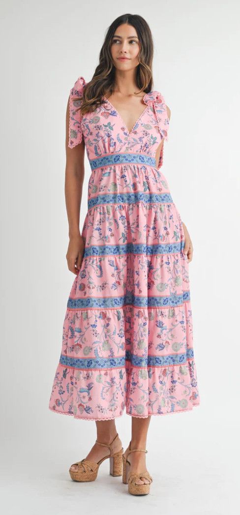 Printed Tiered Midi Dress Pink