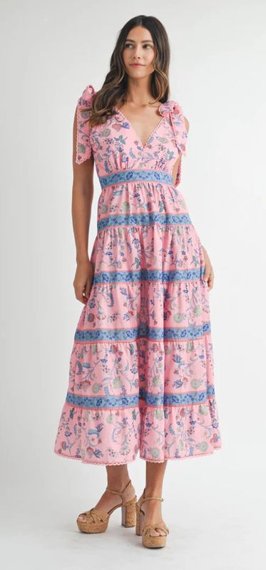 Printed Tiered Midi Dress Pink
