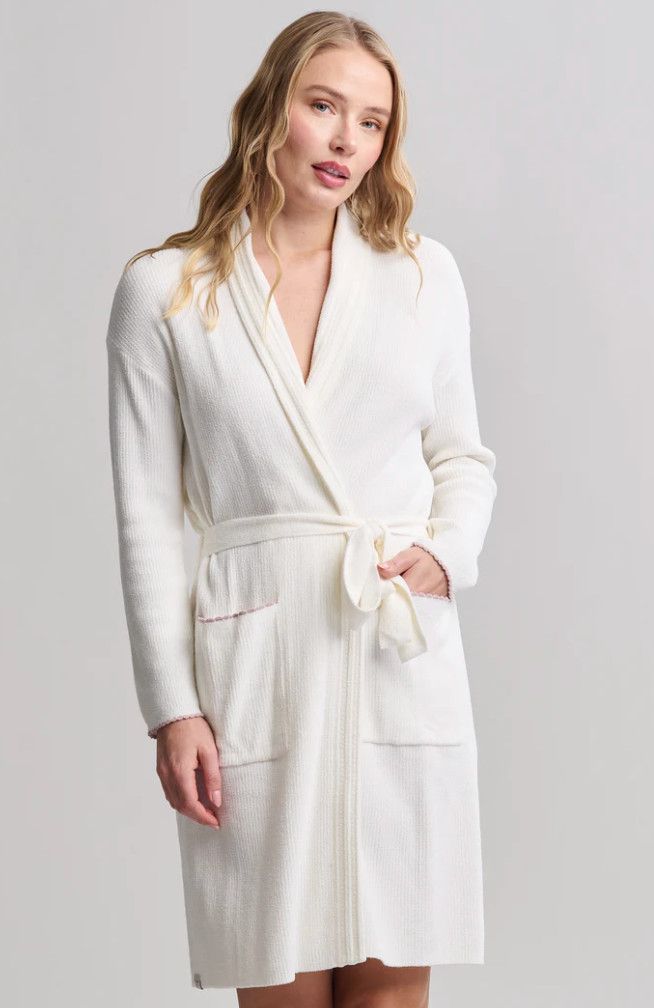 Contrast Scallop Ribbed Robe - Pearl