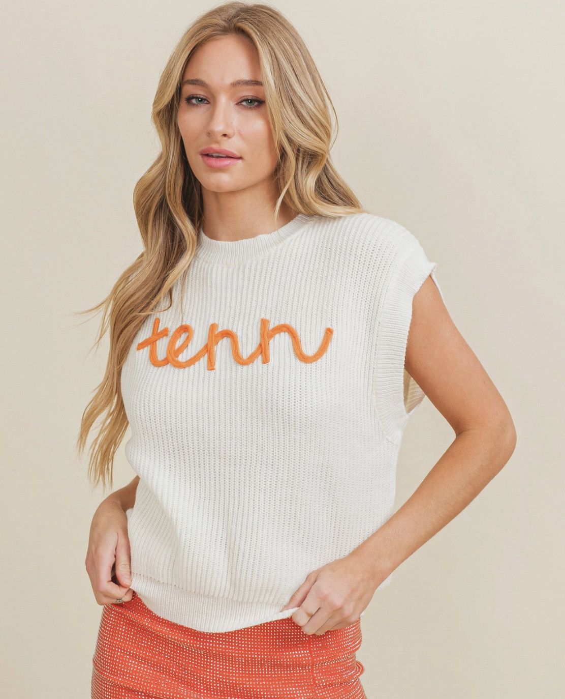 Tenn Embroidered Sleeveless Sweater Top- White