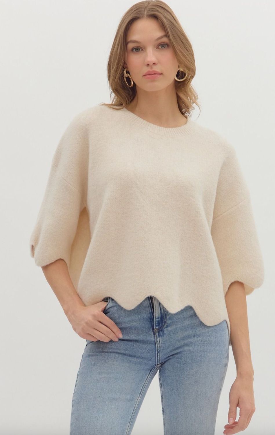 Cream Scalloped Sleeve Sweater