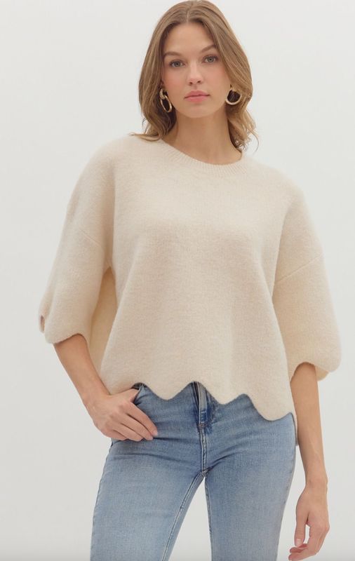 Cream Scalloped Sleeve Sweater