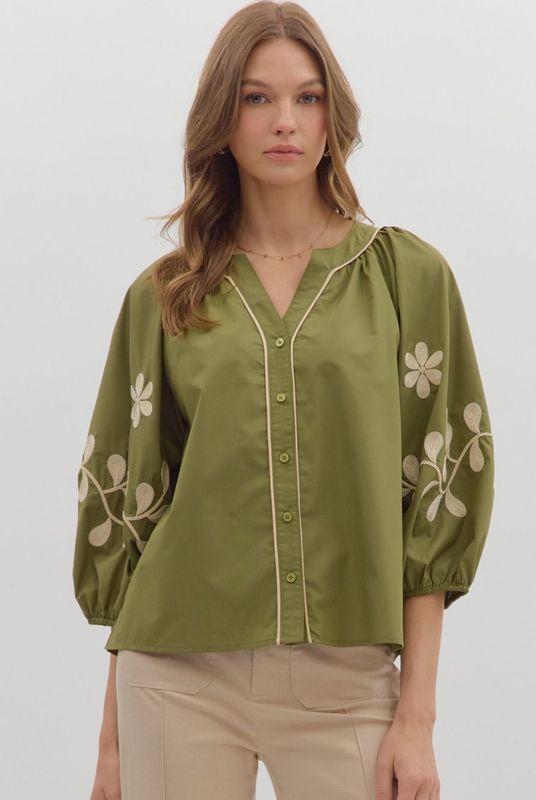 Olive W/ Cream Embroidery Top