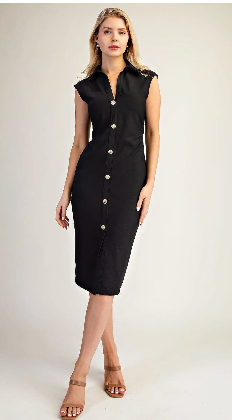 Black Button Front Midi Dress