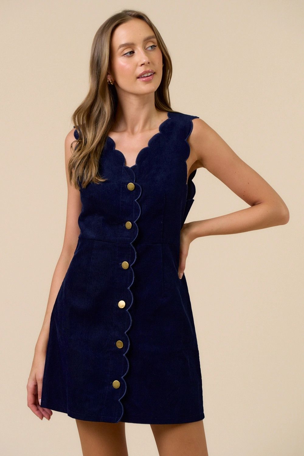 Corduroy Scalloped Edge Mini Dress- Navy