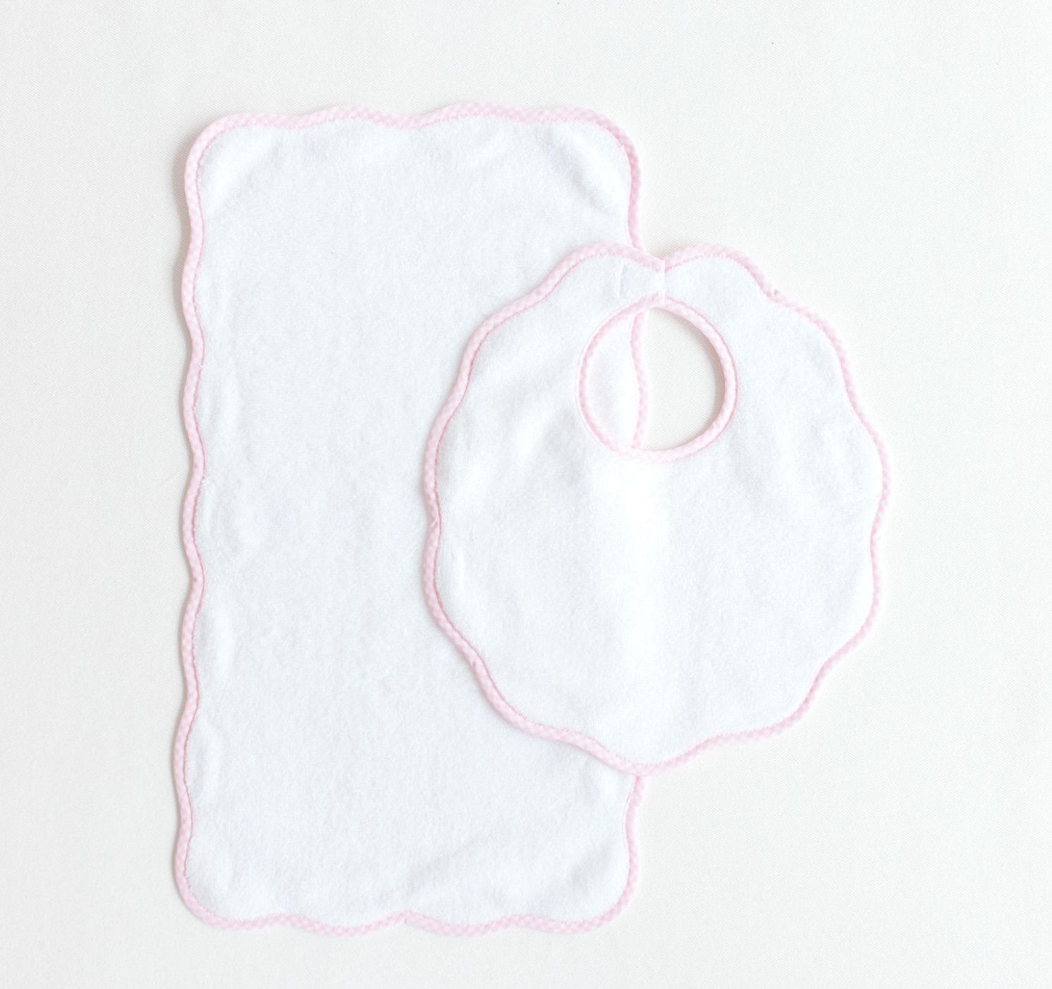 Bib and Burp Set Pink Gingham Scalloped Edge