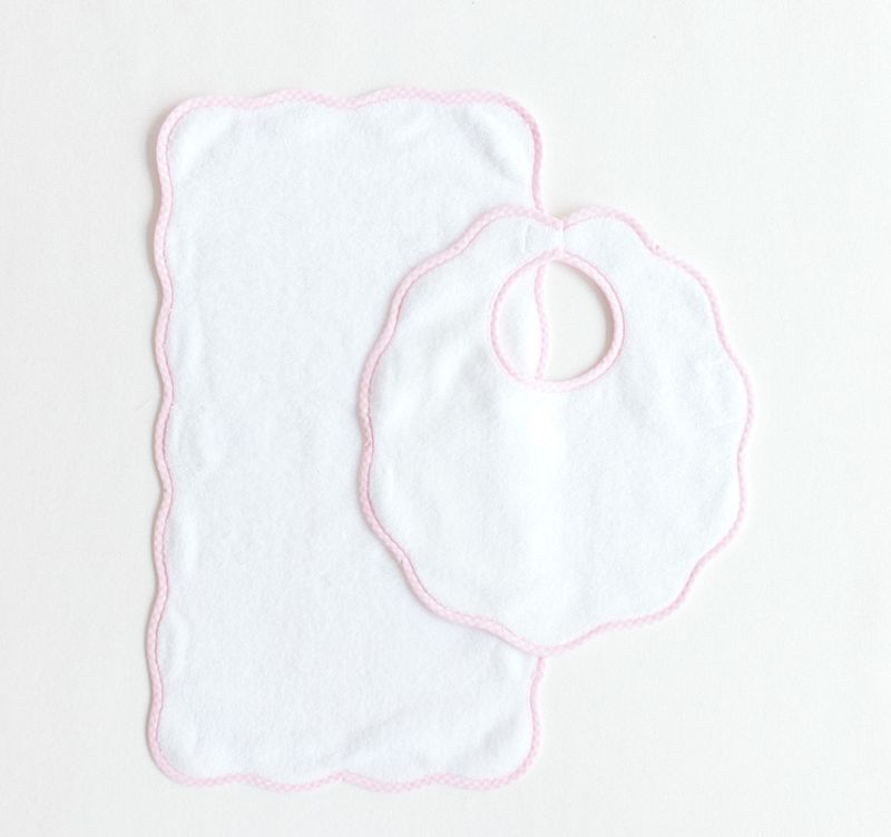 Bib and Burp Set Pink Gingham Scalloped Edge
