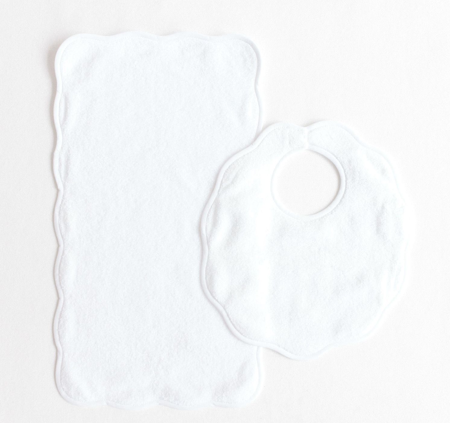 Bib and Burp Set White Scalloped Edge