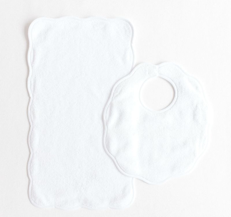Bib and Burp Set White Scalloped Edge