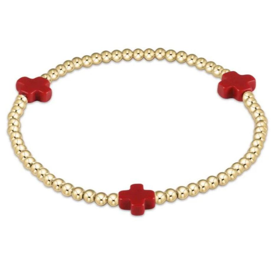 Signature Cross 3mm Gold Pattern Bead Bracelet - Red