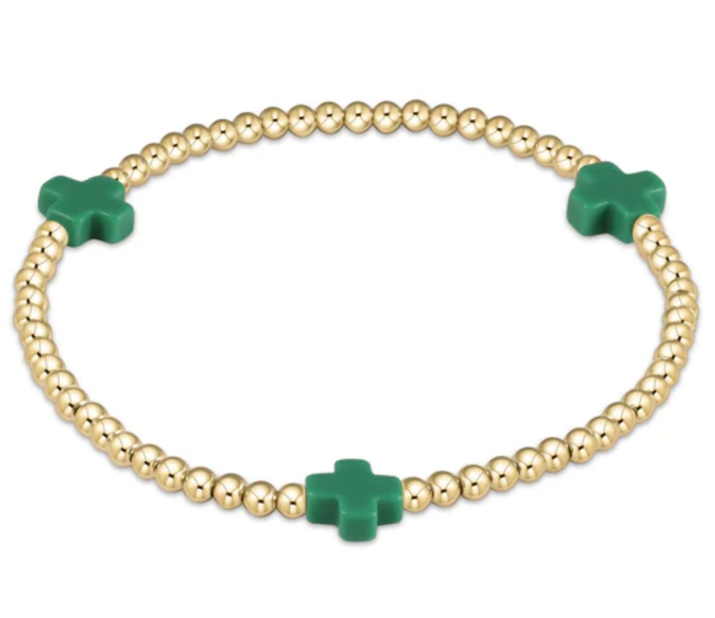 E Newton Signature Cross 3mm Gold Bead Bracelet- Emerald