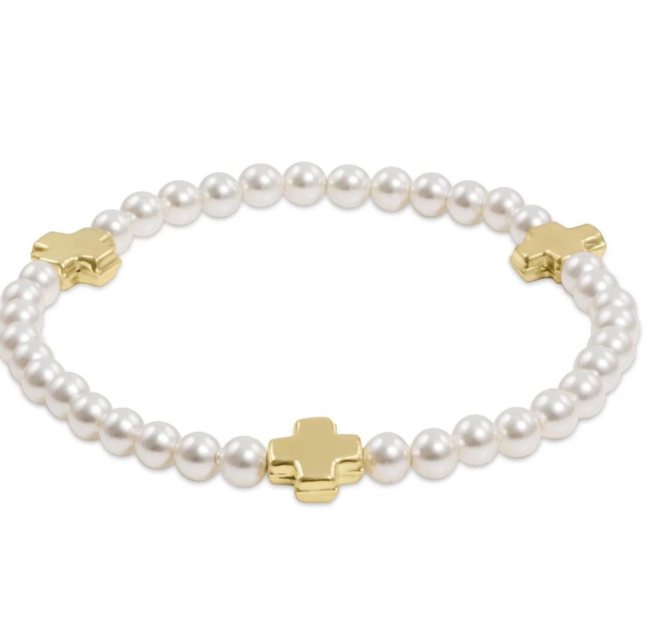 Extends Classic Sincerity 4mm Pearl Bead Bracelet Cross - Pearl/Gold