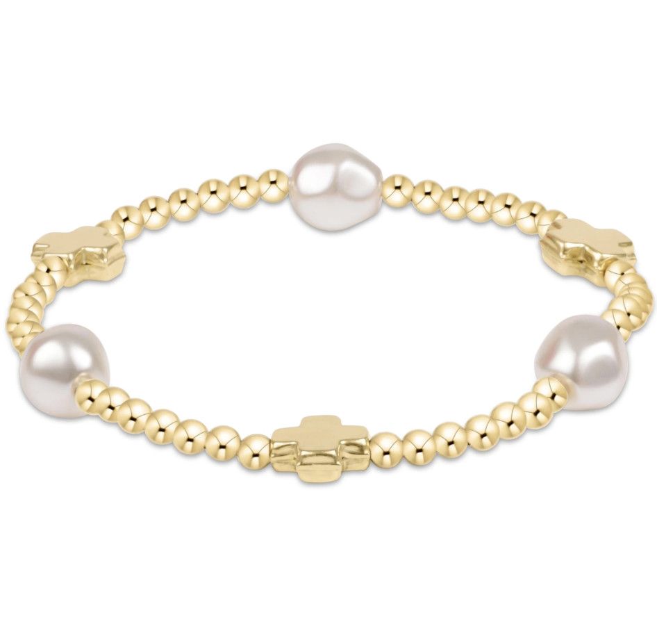 Cross Adm 3mm Pearl Bead Bracelet - Pearl/Gold