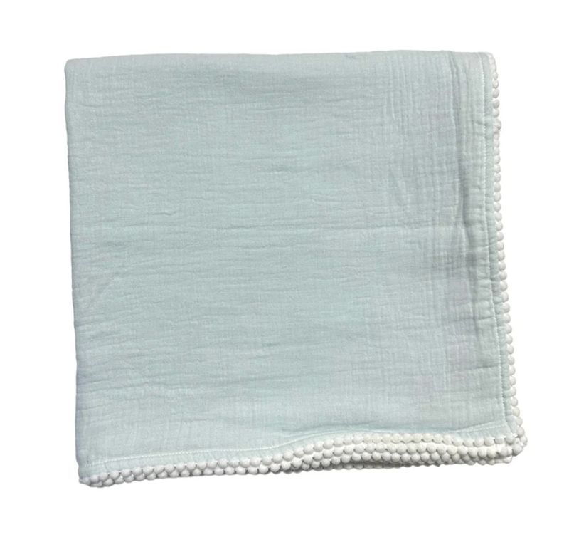 Swaddle Blanket-Pom Edge Blue/White
