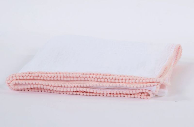Swaddle Blanket-Pom Edge White/Pink