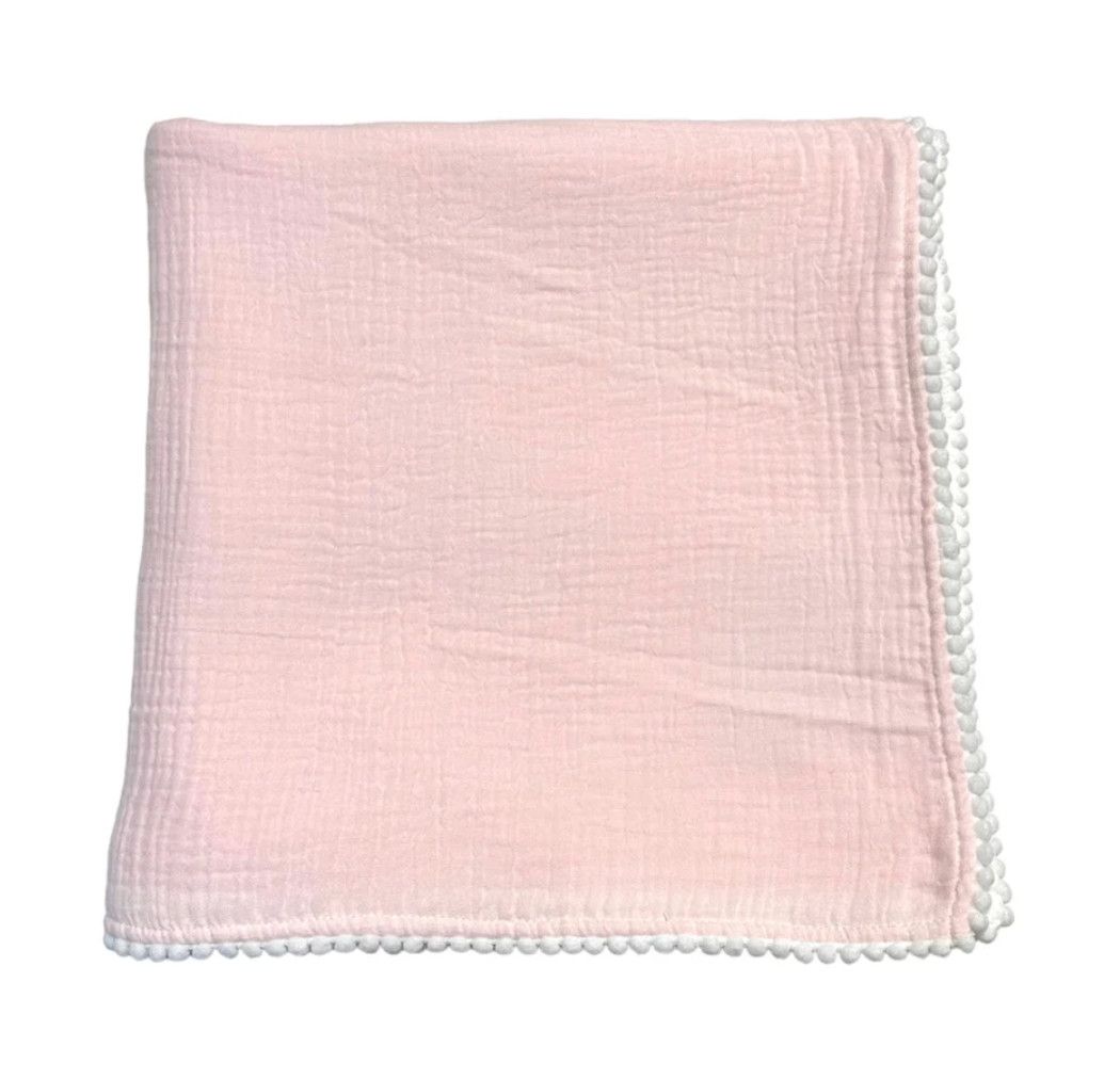 Swaddle Blanket-Pom Edge Pink/White