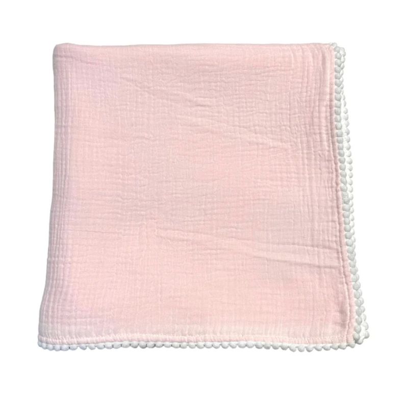 Swaddle Blanket-Pom Edge Pink/White