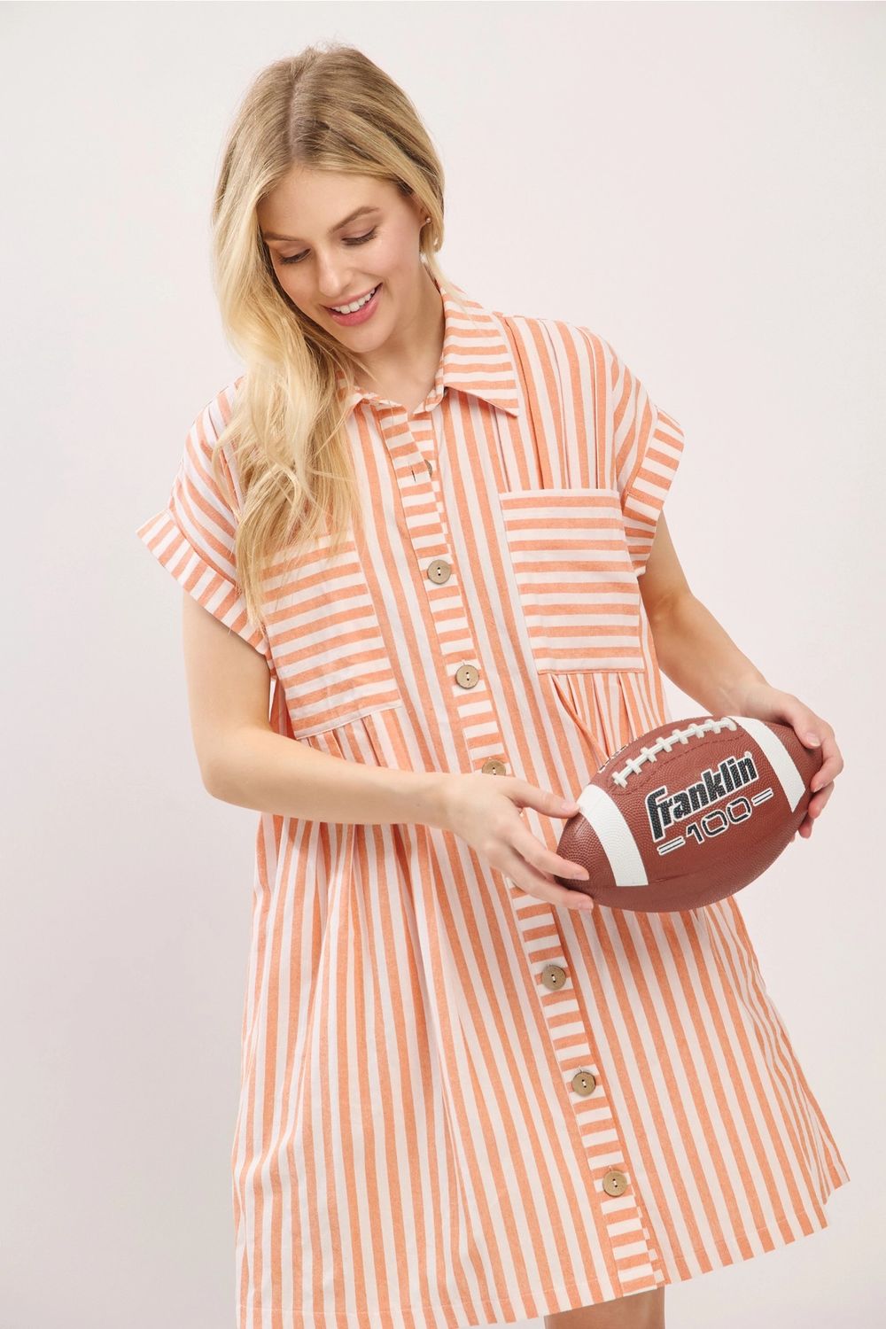 Orange &amp; White Striped Button Down Tunic Dress