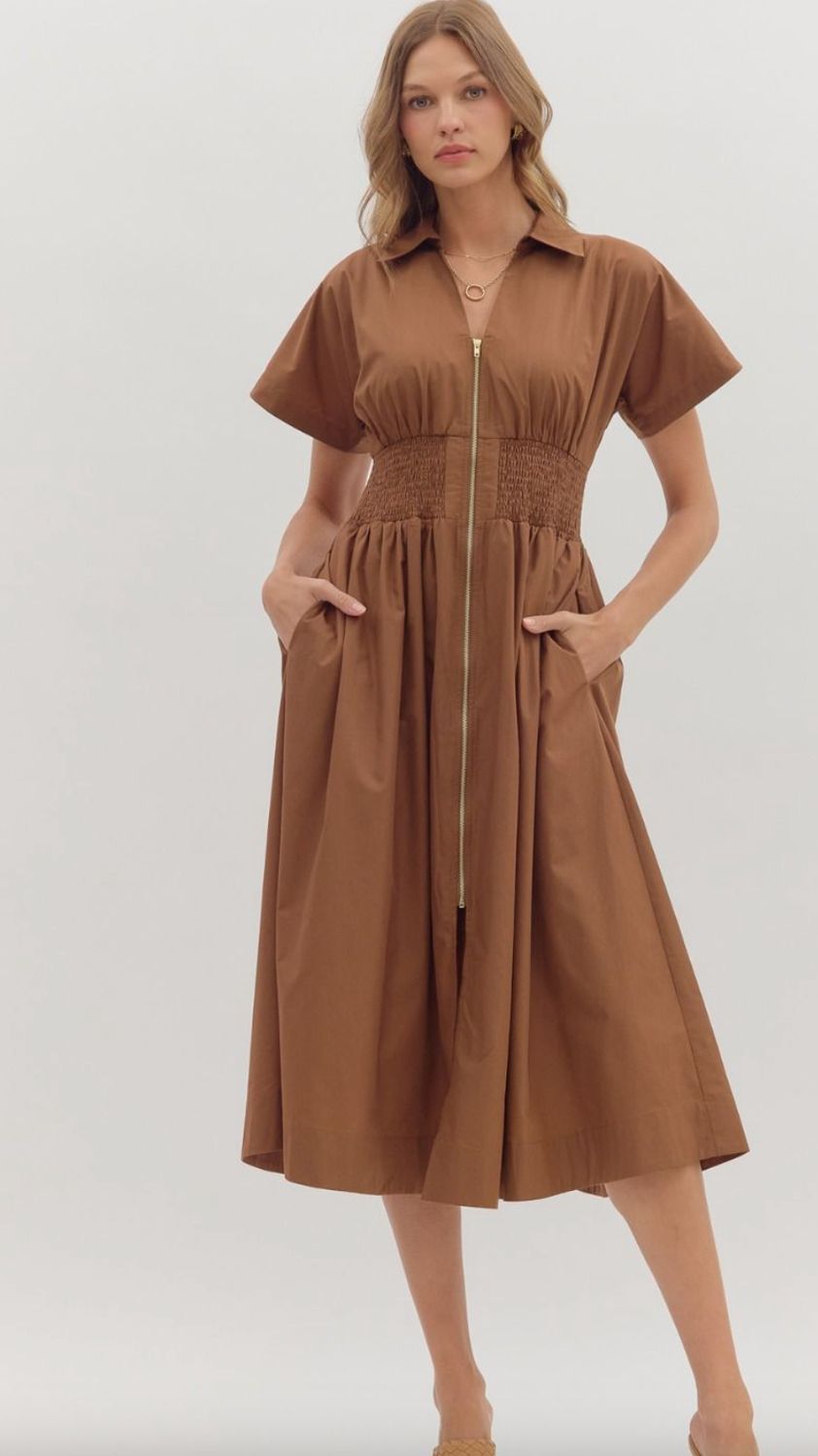 Front Zip Midi Dress- Coffee