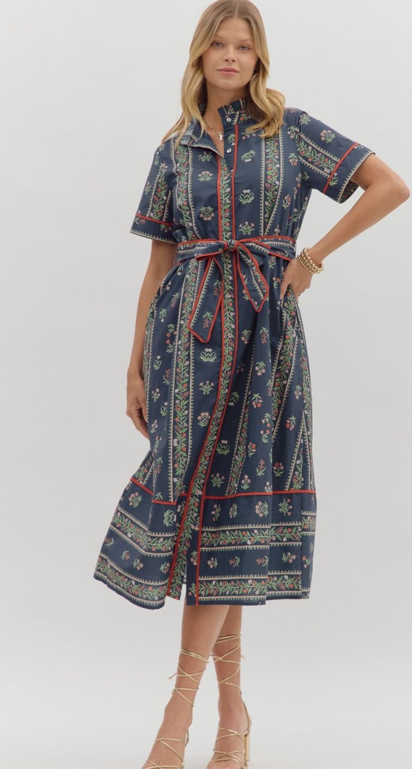 Navy Floral Midi Tie Dress