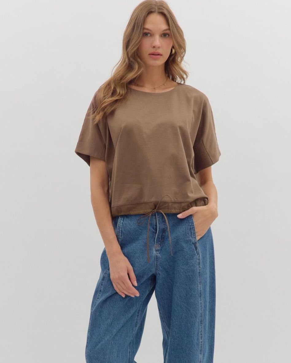 Short Sleeve Drawstring Top- Coffee