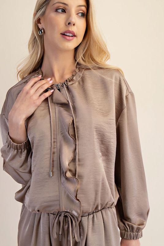 Satin Ruffle Jacket- Mocha