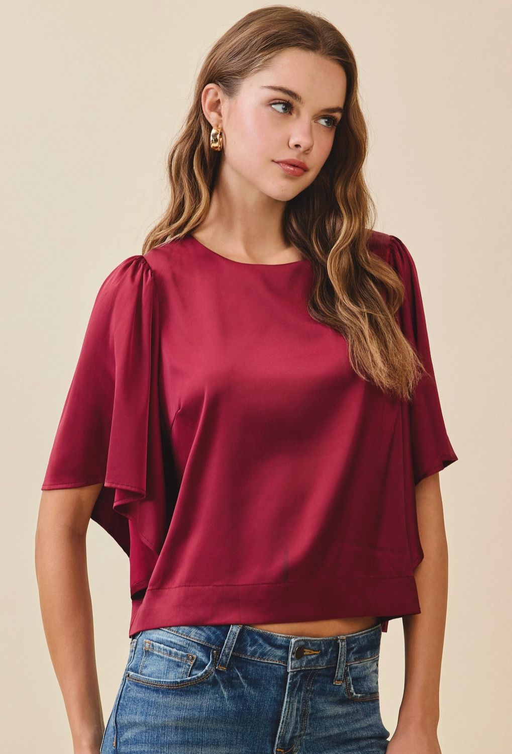 Crimson Flutter Sleeve Satin Top
