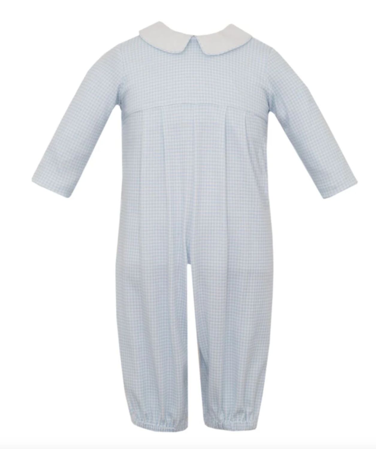 Light Blue Gingham Knit Boys Long Romper