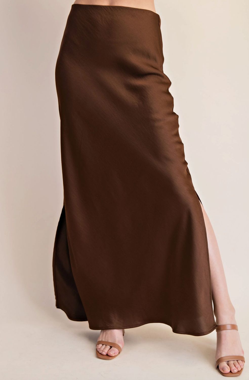 Side Slit Satin Maxi- Brown