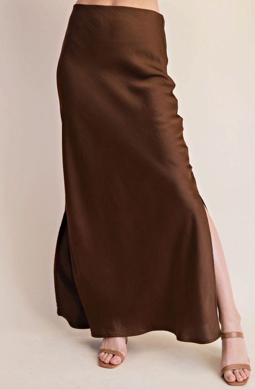 Side Slit Satin Maxi- Brown