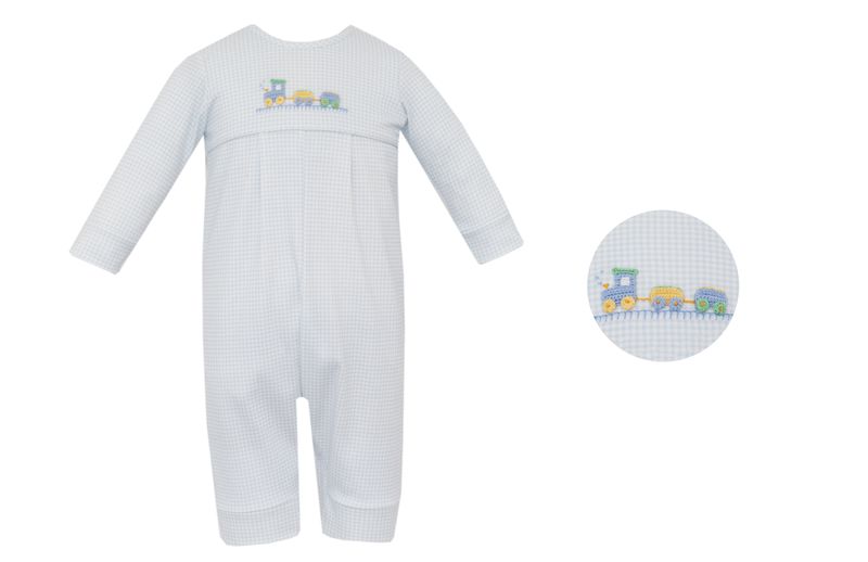 Light Blue Gingham Knit Boys Long Romper