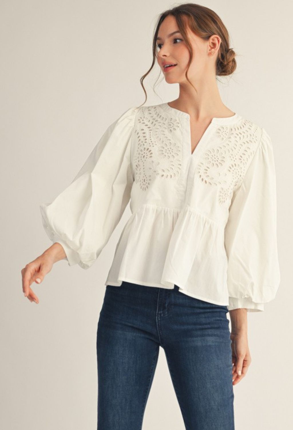 Off White Cotton Eyelet Top