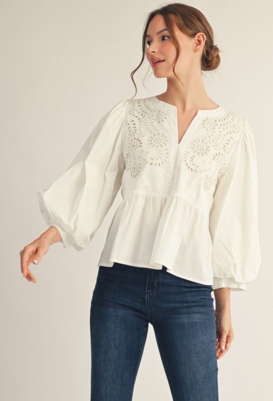 Off White Cotton Eyelet Top