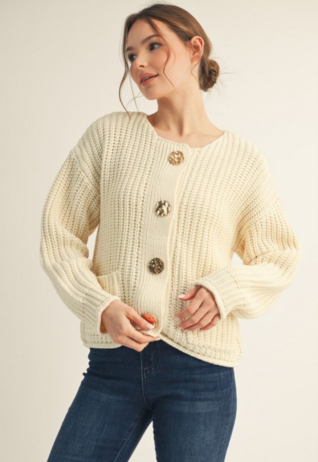 Cream Sweater With Gold Buttons