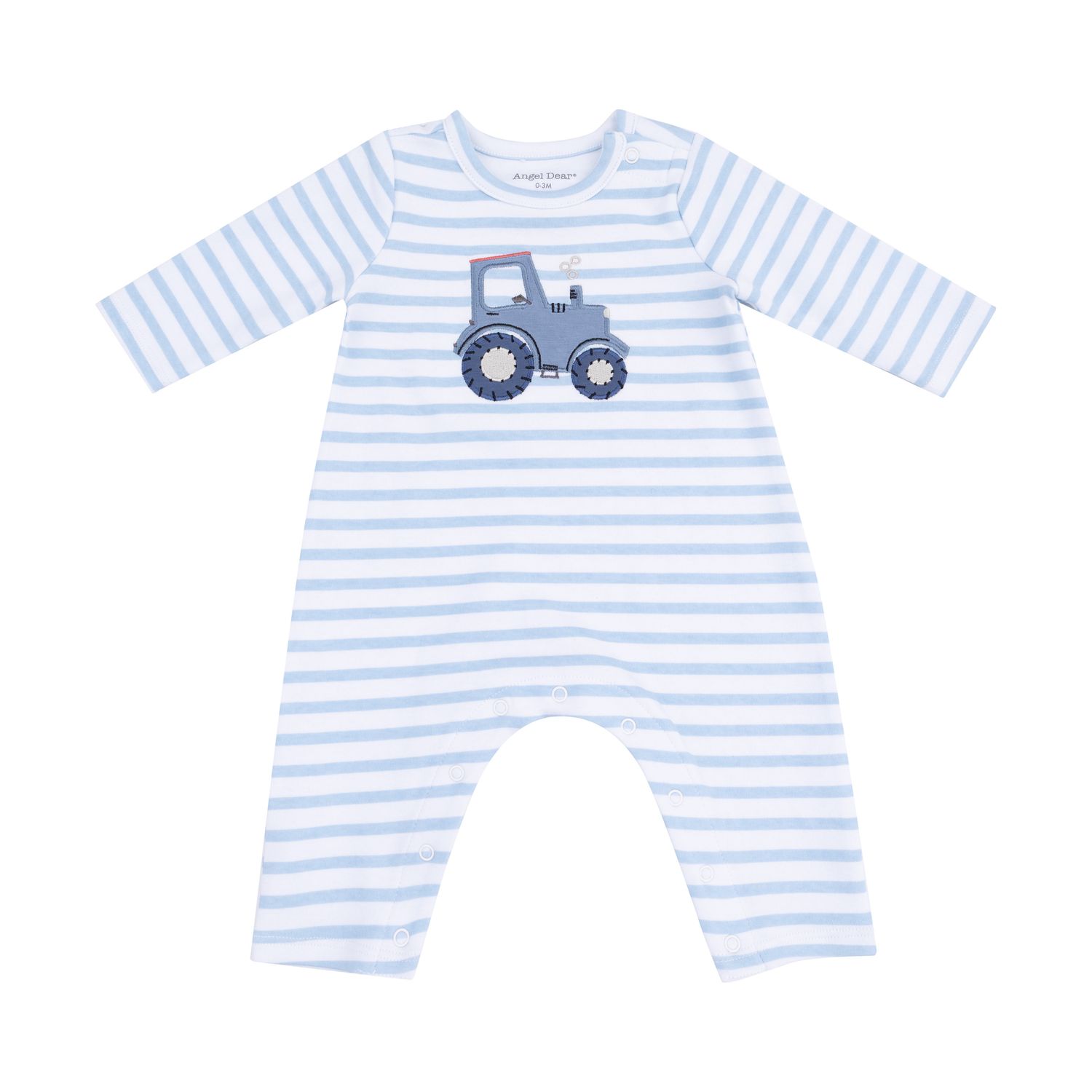 Cotton Blue Stripe Snap Shoulder Romper w/ Tractor