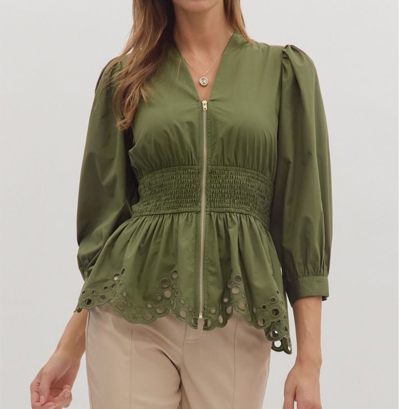 Olive Long Sleeve Eyelet Zip Blouse